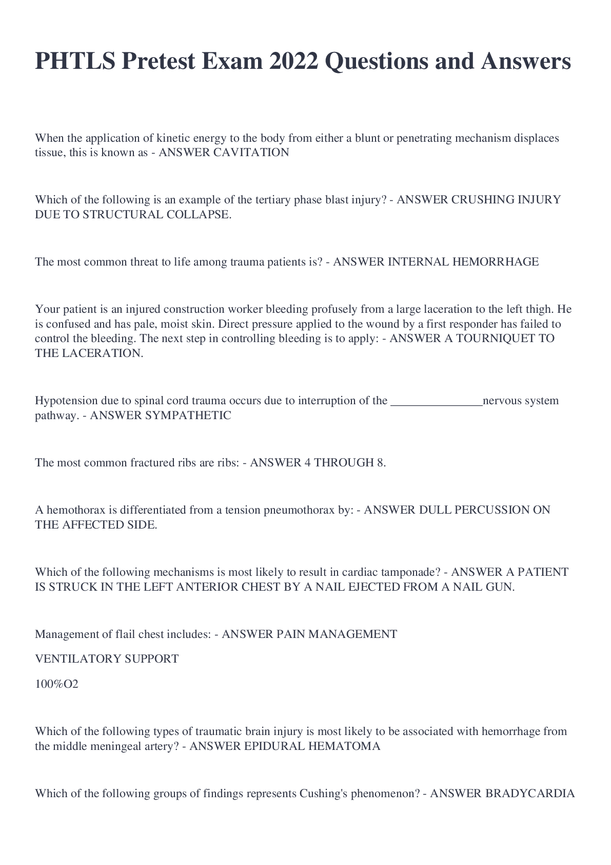 PHTLS Pretest Exam 2022 Questions and Answers Browsegrades